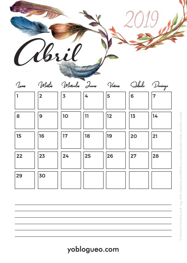 calendario abril 2019 plumas