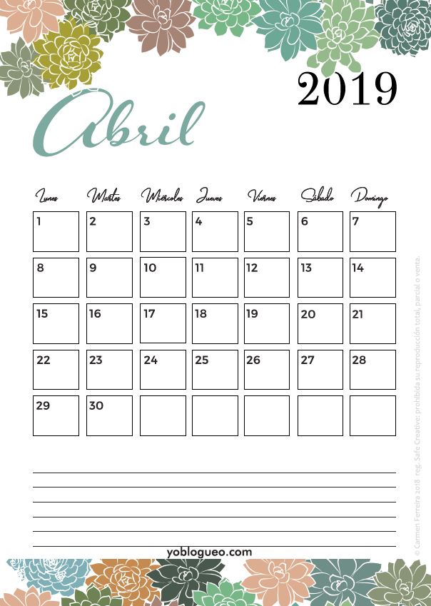 calendario abril 2019 suculentas